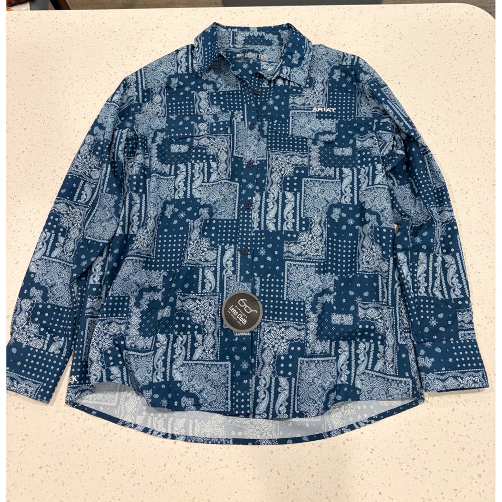 AriatTEK Womens Navy Blue Bandana Patchwork Long Sleeve Button Down Shirt Size M